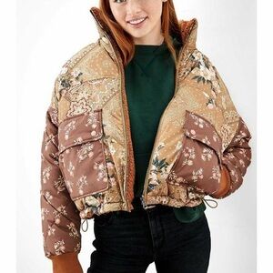 American Eagle Reversible Sherpa Jacket Brown Floral Paisley Print Size M